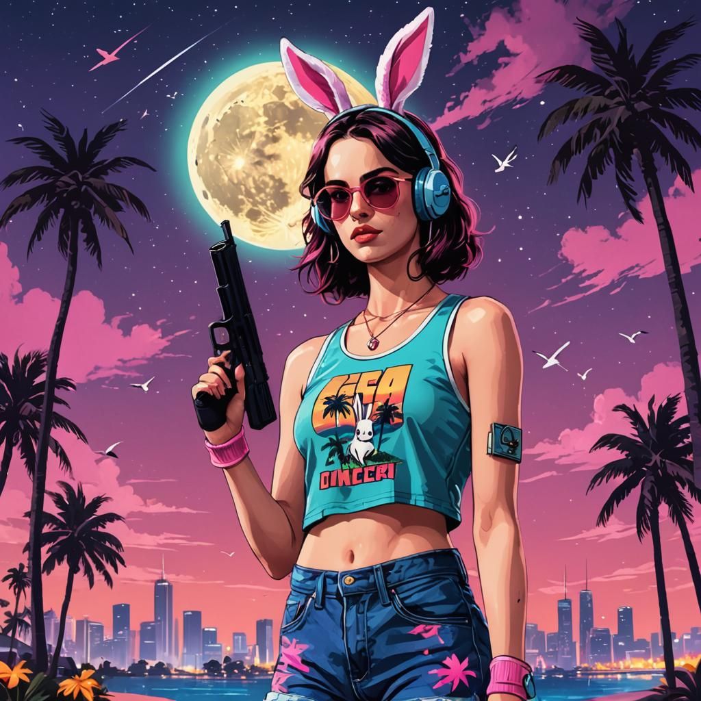 Retro Wave Effy with Gun in Vice City Style