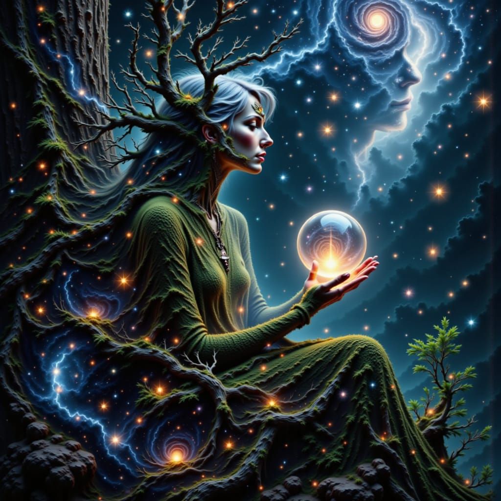 Wise Galactic Woman on Root Throne with Glowing Orb