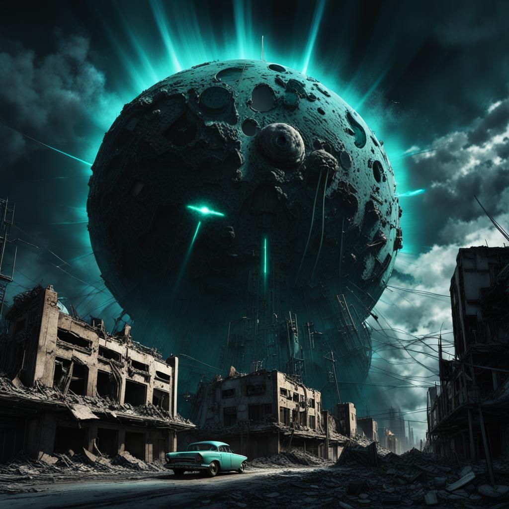 Giant Nuclear Bomb Under Black Moon: Fantasy Art
