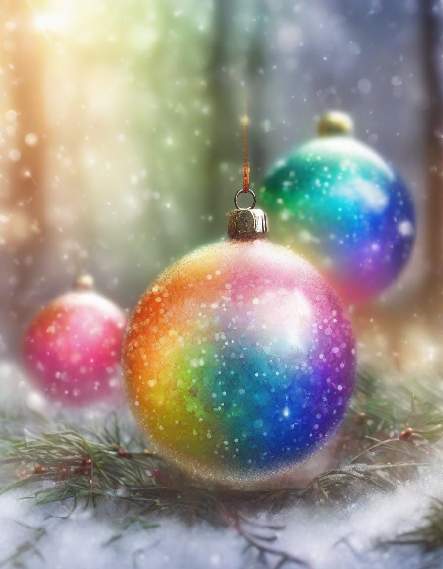 Rainbow Christmas Baubles in Dreamy Winter Forest Watercolou...
