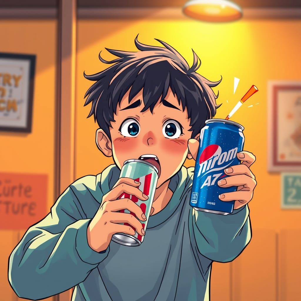 Boy Celebrates with a Joyful Burp in Anime Style
