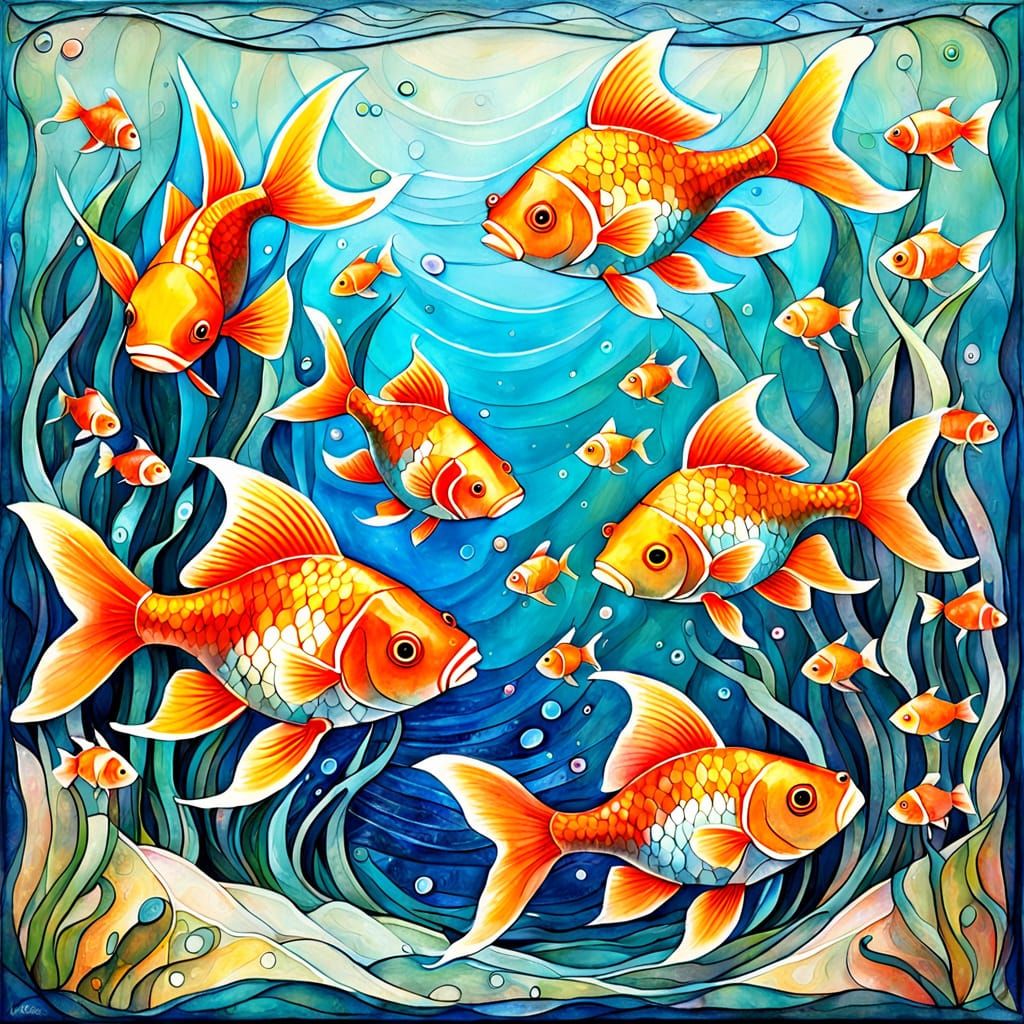 Goldfish Tank in Textured Encaustic Painting Style