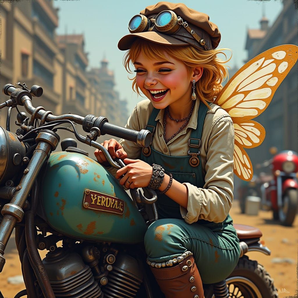 Steampunk Fairy Mechanic Repairs Motorcycle in Whimsical Sty...