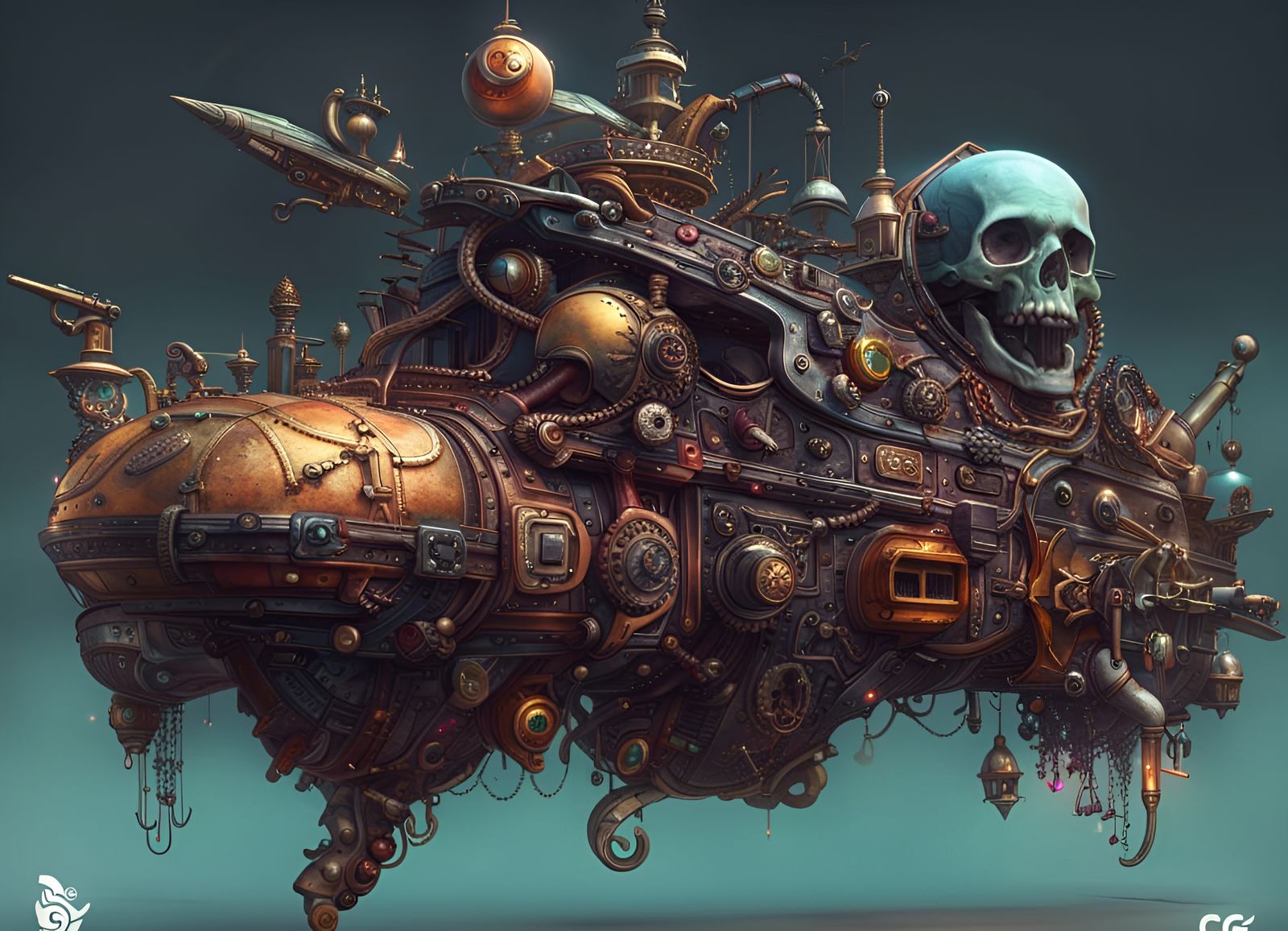 Space Pirate on Skull Spaceship, Fantasy Concept Art