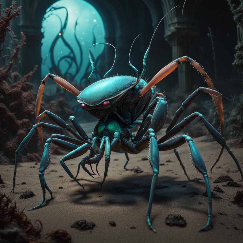 Demonic Bioluminescent Mantis-Crab Hybrid: Detailed Matte Pa...