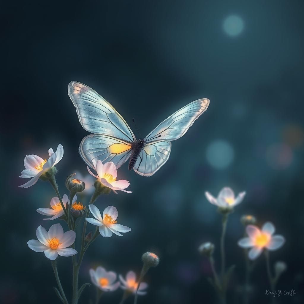 Iridescent Butterfly with Luminescent Flowers