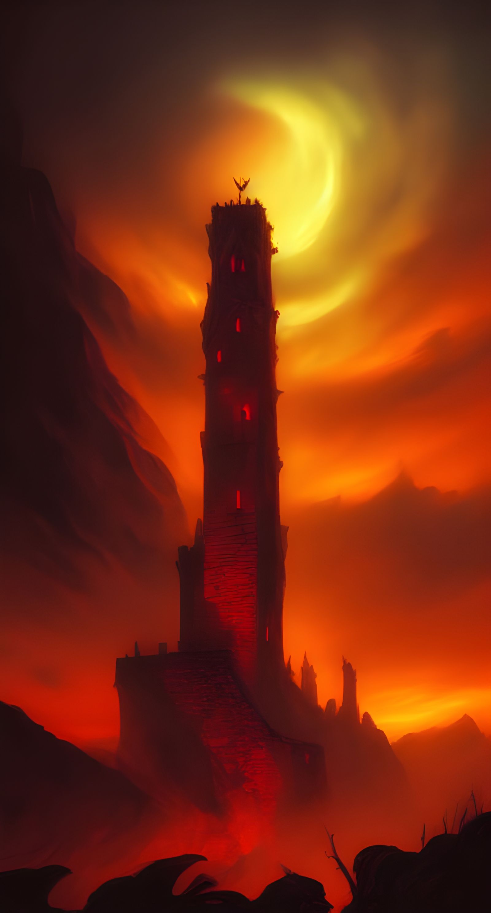 Medieval Tower at Swirling Red Sunset
