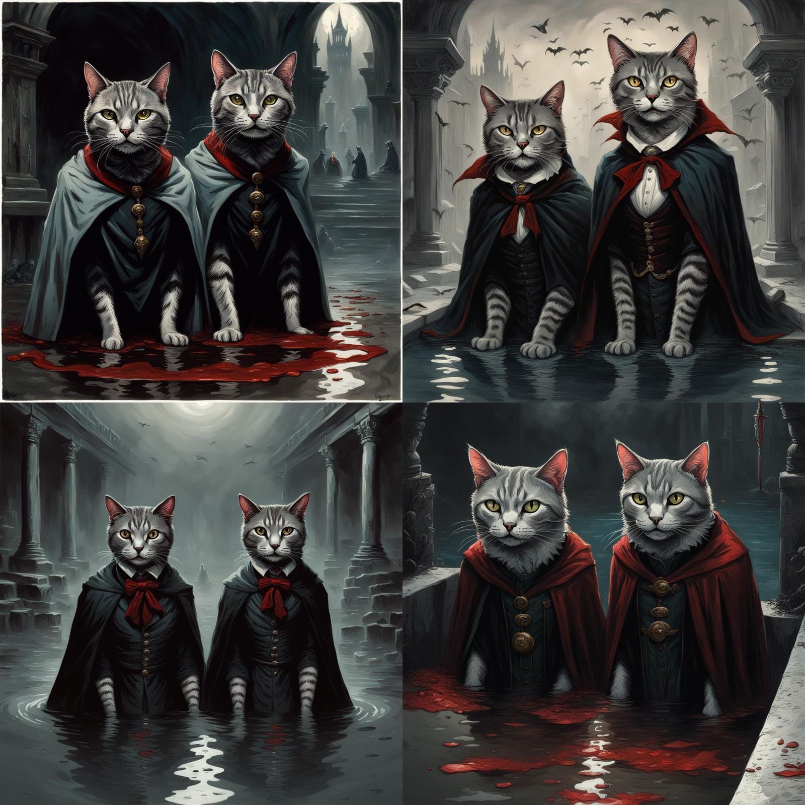 Tabby Vampire Cats in a Pool of Blood