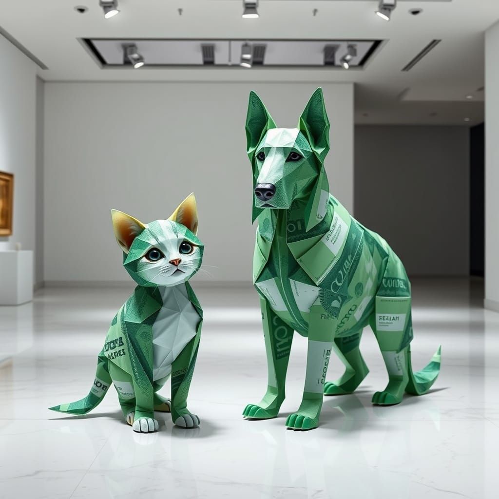 Origami Banknote Animals in Modern Art Gallery