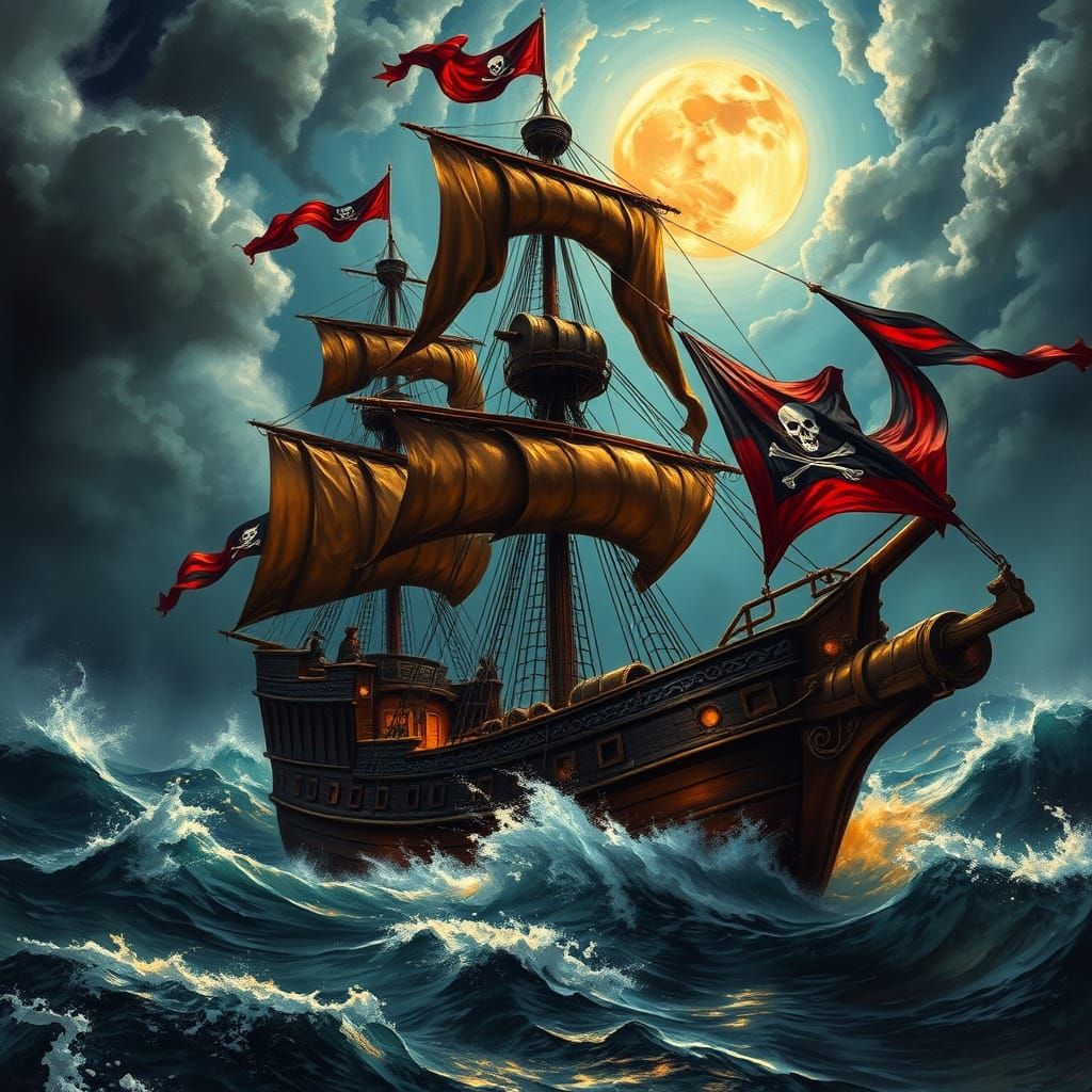 Majestic Spanish Galleon Rides Stormy Seas Under Blood Moon