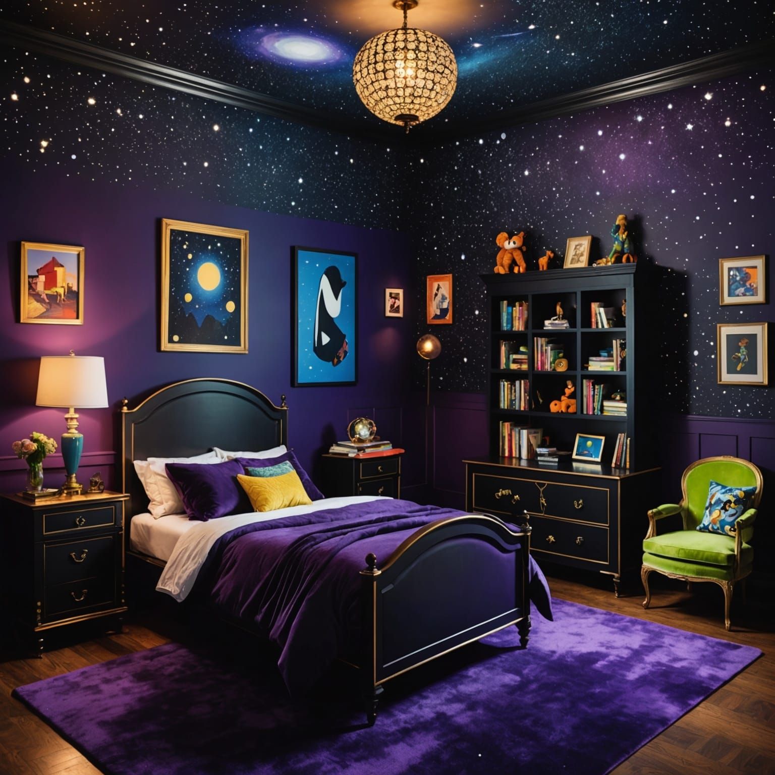 Vibrant Maximalist Kid's Bedroom with Starry Walls