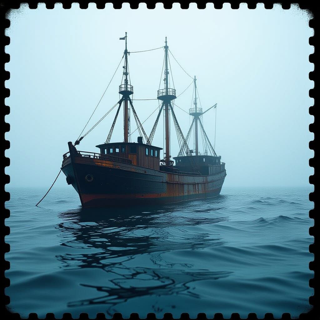 Eerie Ghost Ship Drifting on Foggy Sea in Film Still