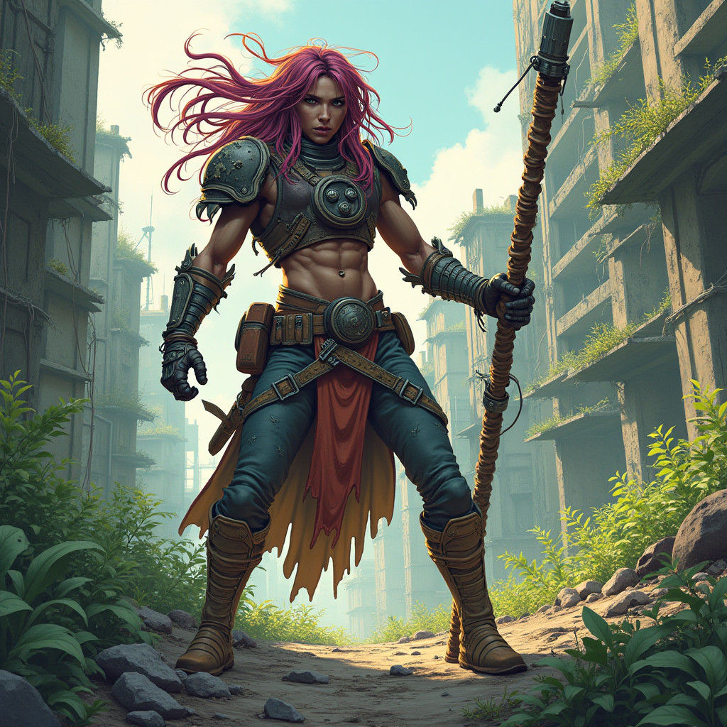 Post-Apocalyptic Warrior in Cartoon Style Landscape