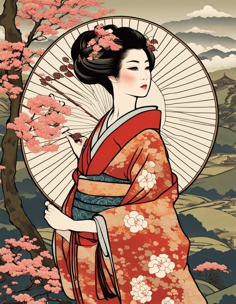Art Nouveau Geisha in Classical Japanese Countryside