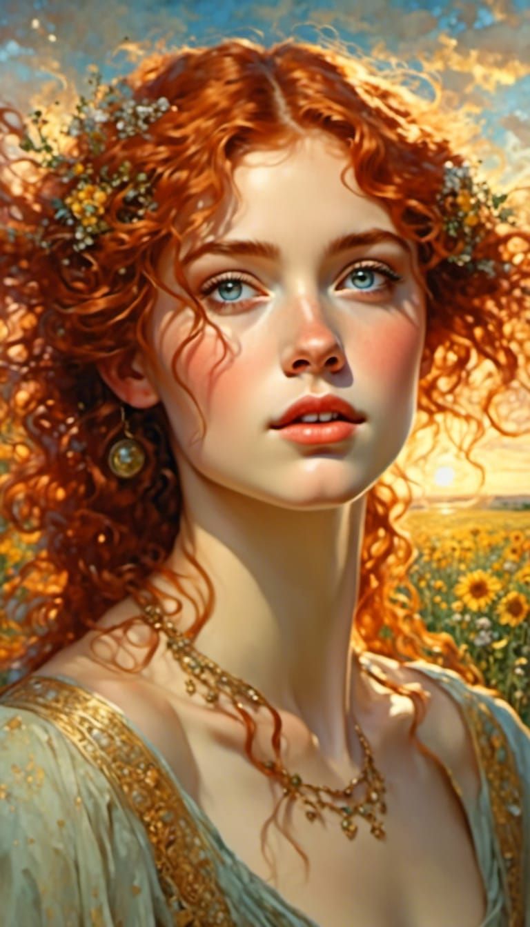 Freckled Girl in Poppy Field: Hyperrealistic Portrait