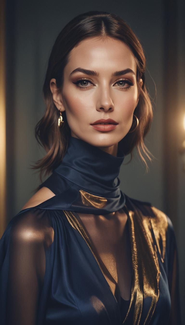 Elegant Woman in Dark Blue: High-Fashion Portrait