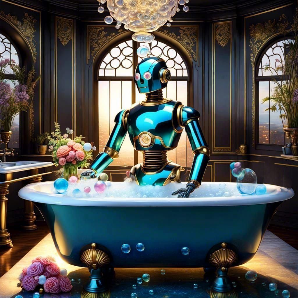 Robot butler drawing a luxurious bath with soothing bubbles