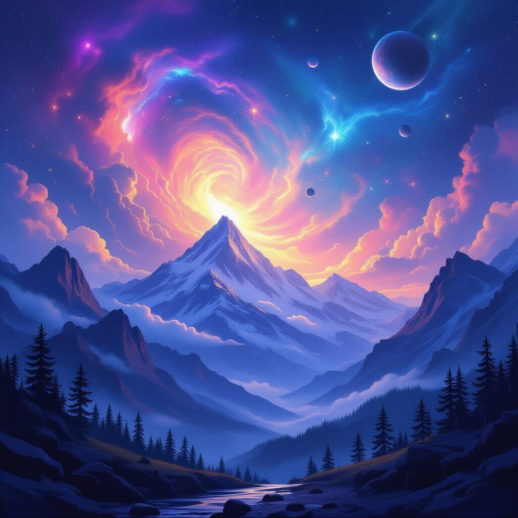 Majestic Mountains Under Cosmic Galaxy Sky