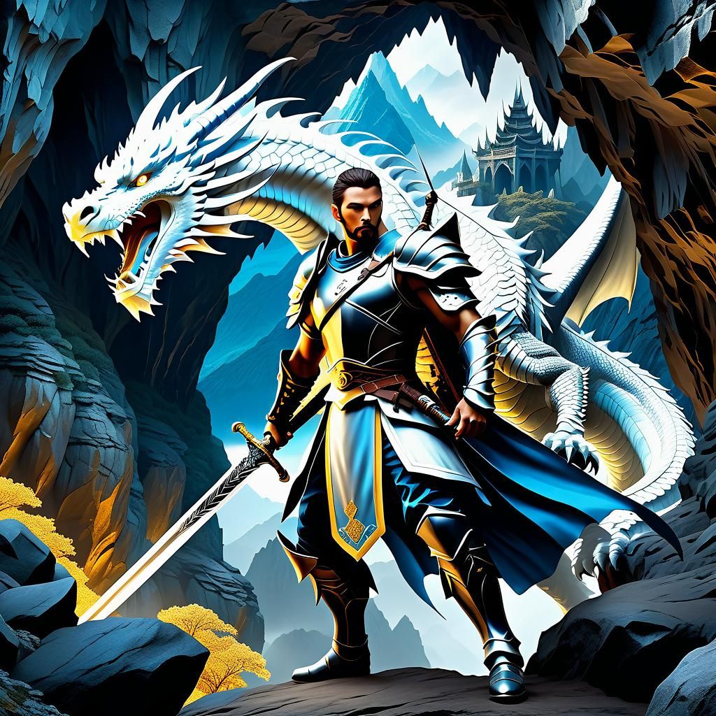 Medieval Warrior Battles Dragon: Epic Digital Painting