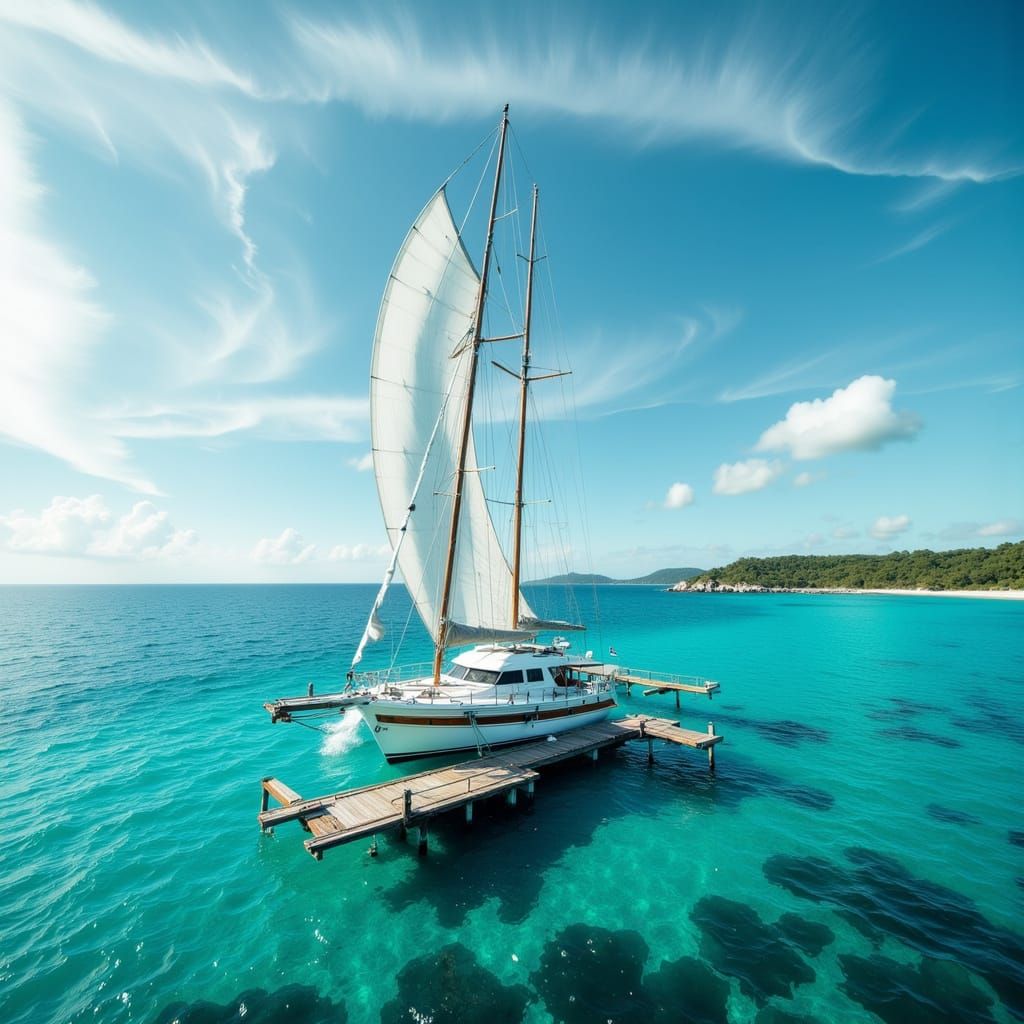 Majestic Sailing Boat on Turquoise Sea, Photorealistic