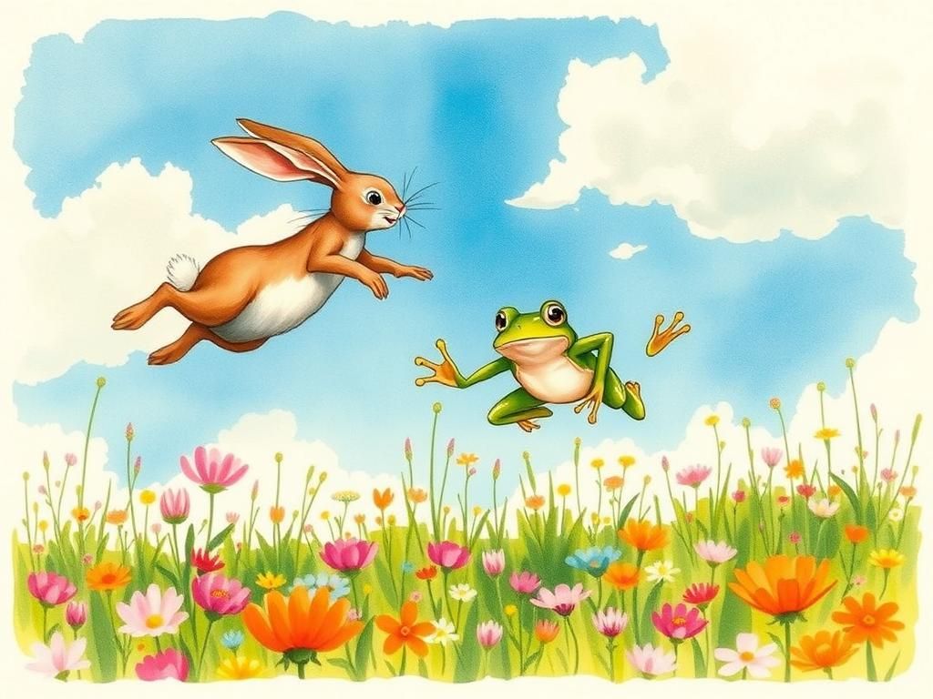 Rabbit and Frog Jumping Competition in a Wildflower Meadow