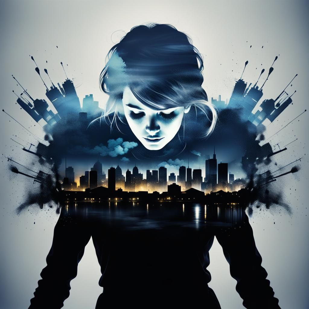 Woman in Sfumato Spray Paint with City Silhouette