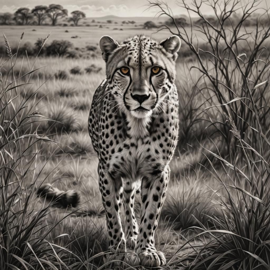 Cheetah Stalks Prey: Hyperdetailed Charcoal Drawing