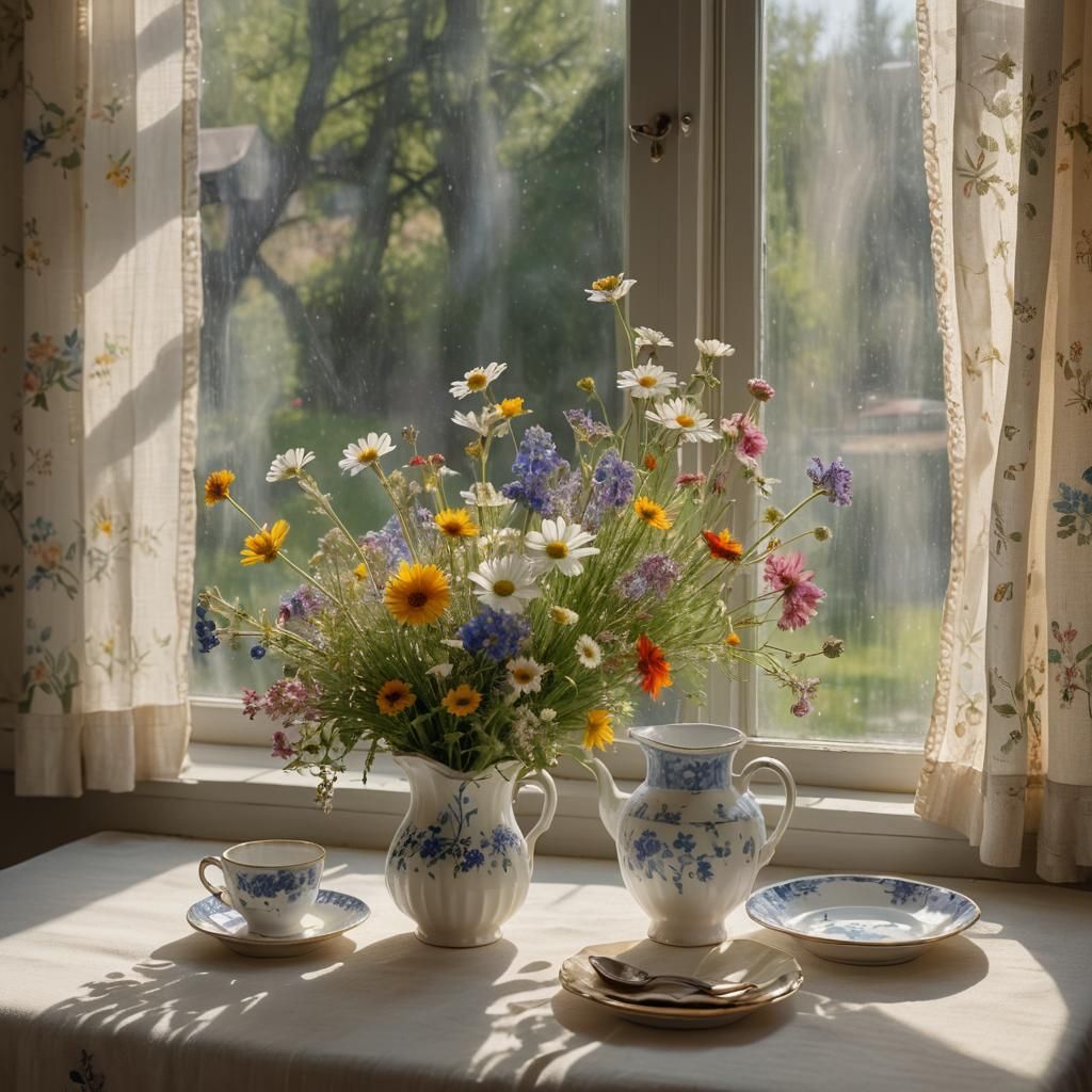 Impressionist Still Life with Vase and China