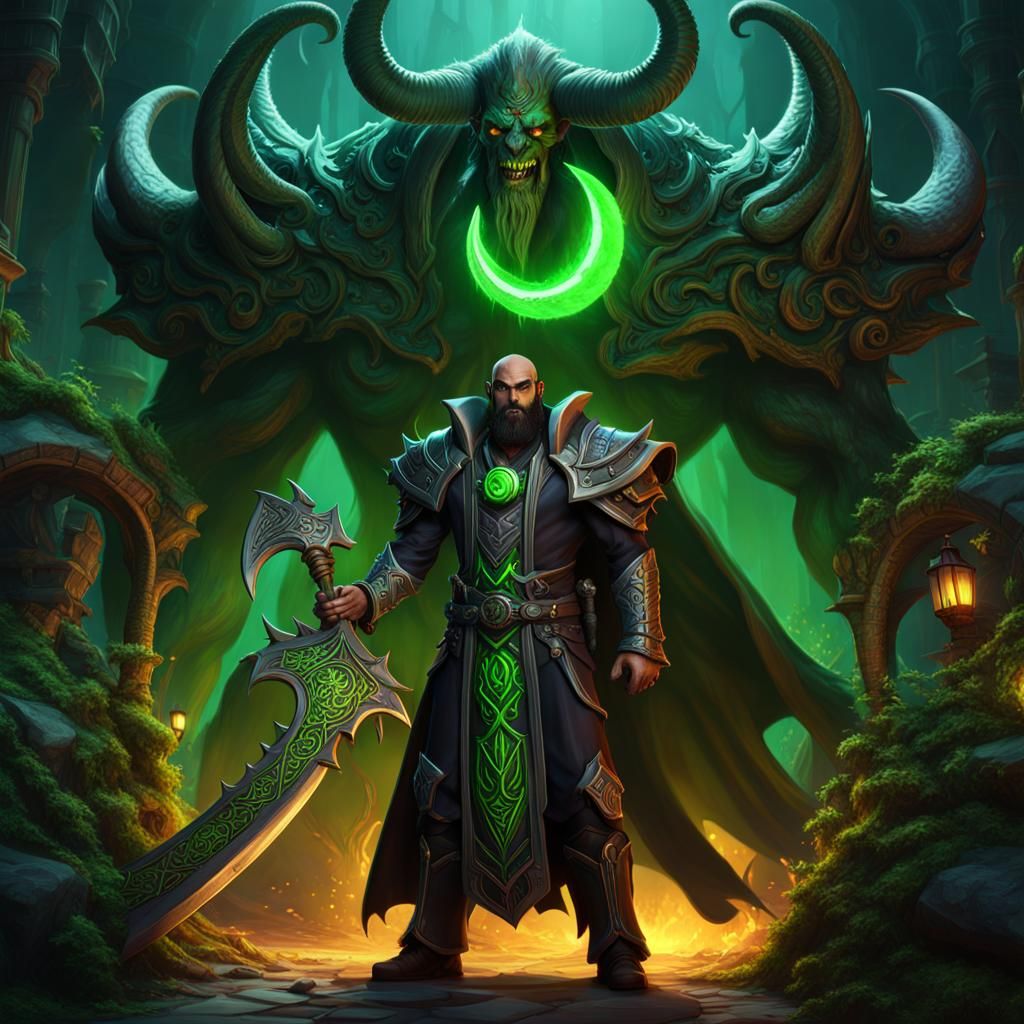 Eldritch Warlock and Demon in Fantasy Art Style