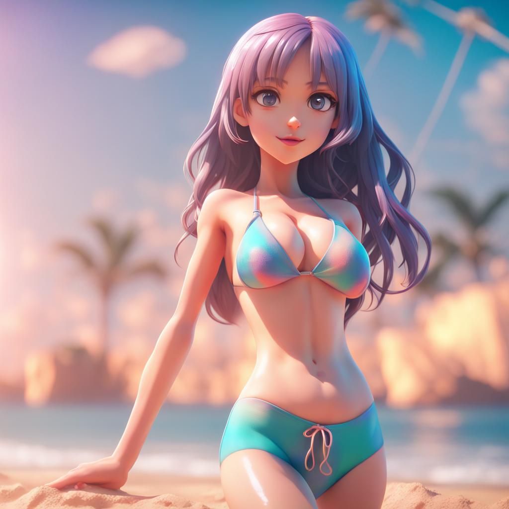 Anime Girl on Beach in 3D Digital Art Style