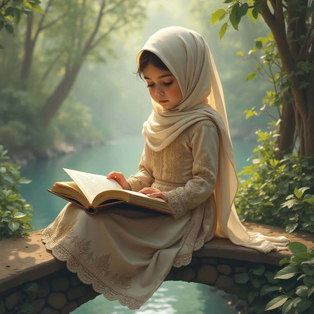 Girl in Hijab Reading Book on Bridge