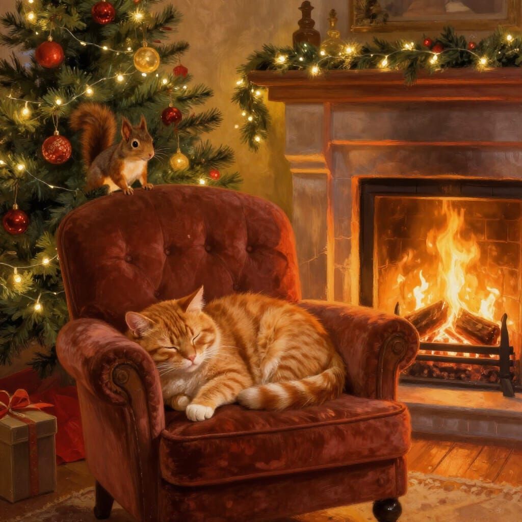Cozy Christmas Eve Scene with Cat and Squirrel