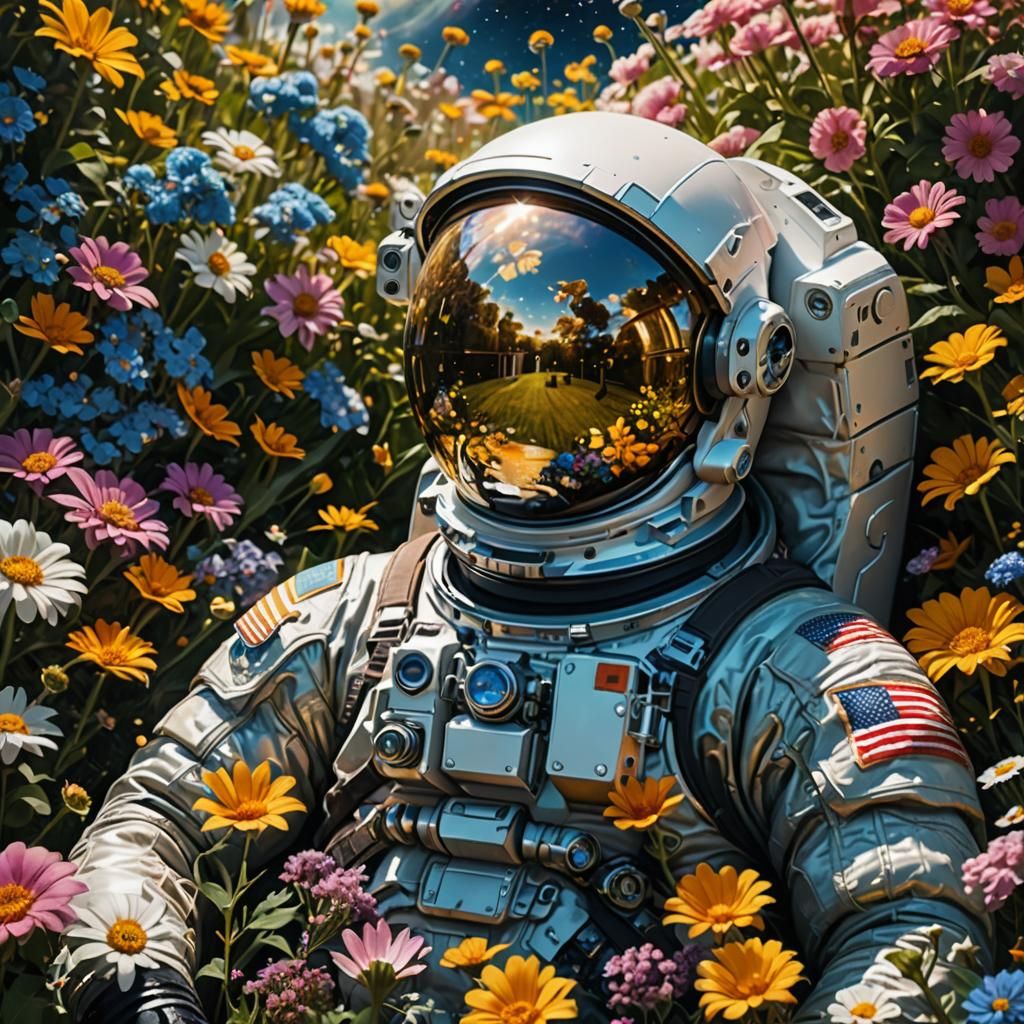 Astronaut in Flower Garden Reflecting the Universe