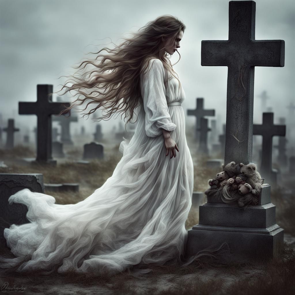 Ethereal Woman in Haunted Cemetery at Night