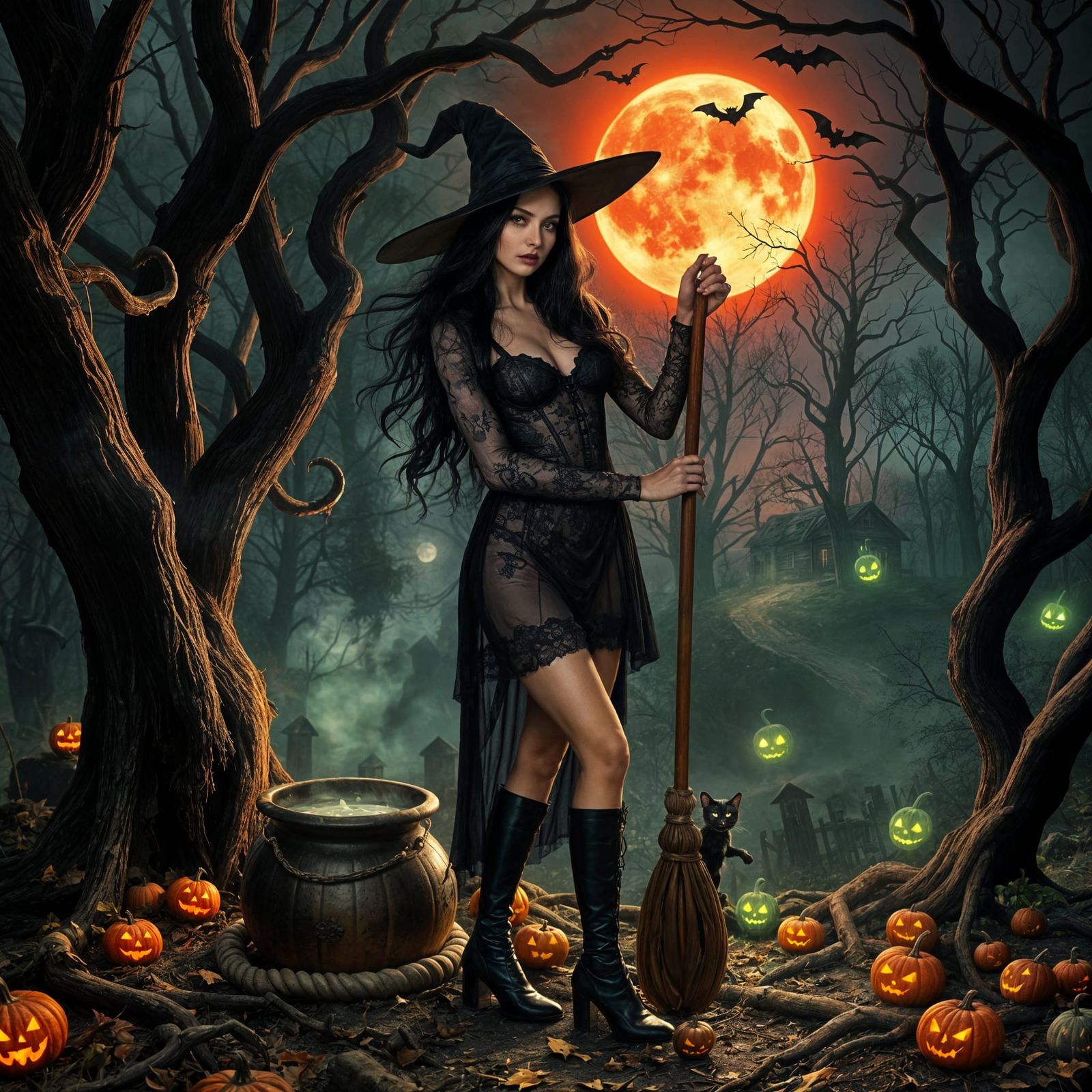 Halloween Witch with Bats, Cauldron and Red Moon