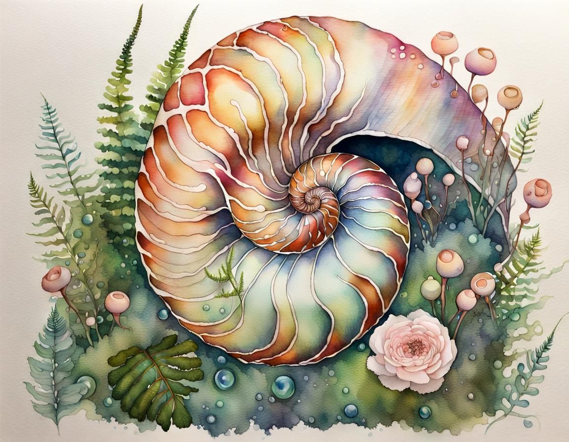 Iridescent Nautilus Shell Watercolor Painting