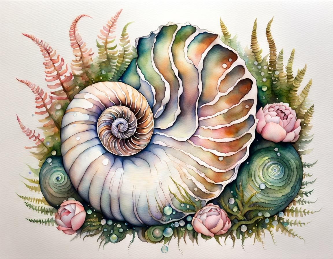 Iridescent Nautilus Shell Watercolor Fine Art