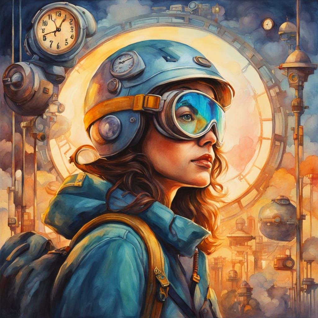 Whimsical Time Traveler in Watercolor Portrait