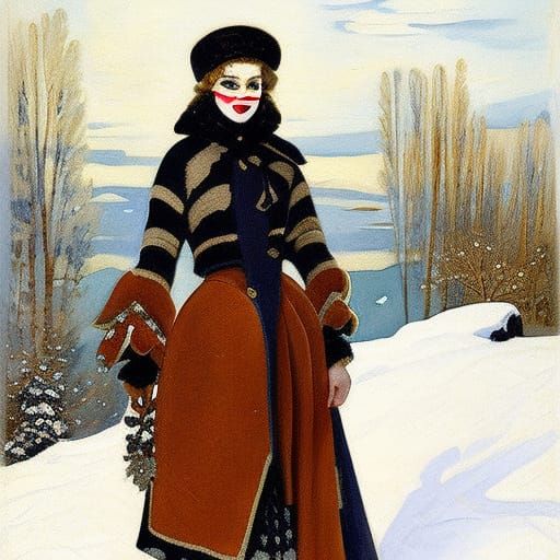 Girl in Snowdrift: Early 20th Century Gouache Portrait
