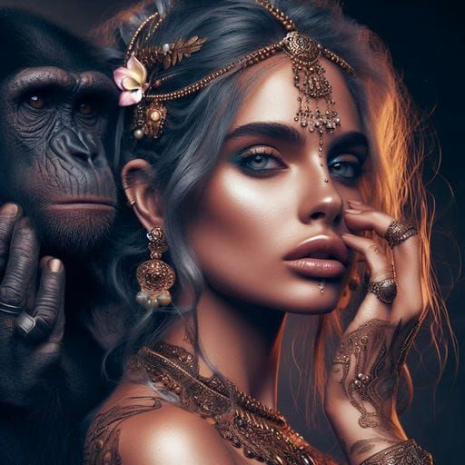 Post-Apocalyptic Indian Goddess with Apes in Dark Fantasy St...