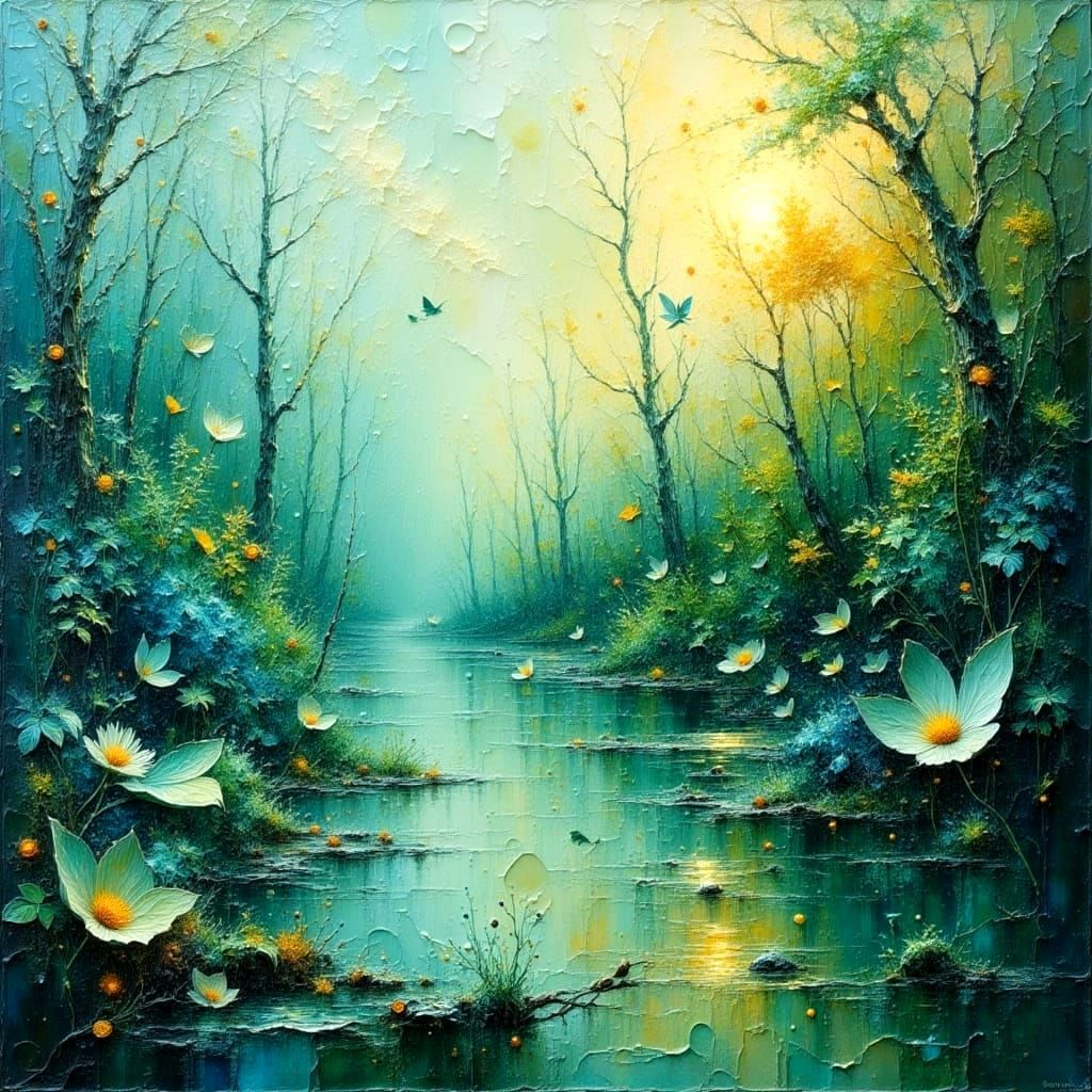 Ethereal Water Dreamscape in Impasto Oil Painting