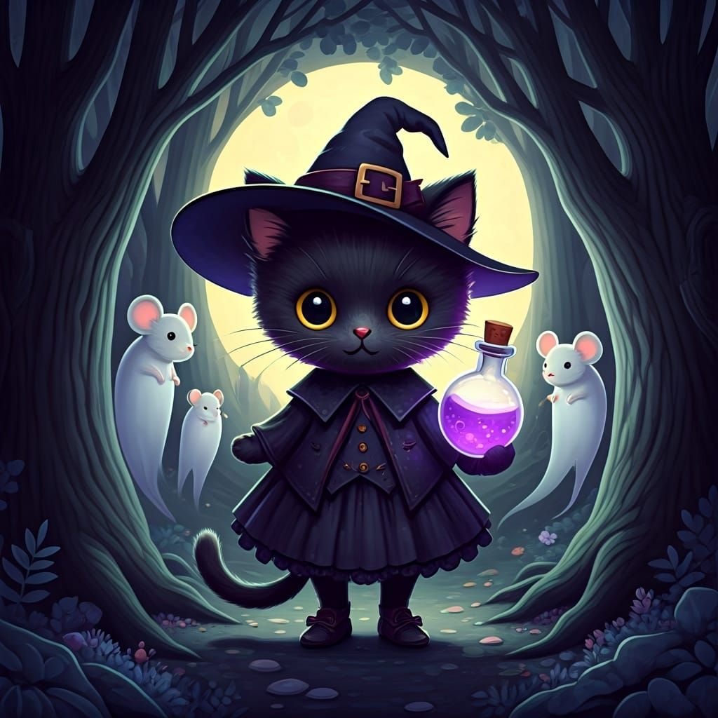 Cute Gothic Witch Kitten in Mystical Forest