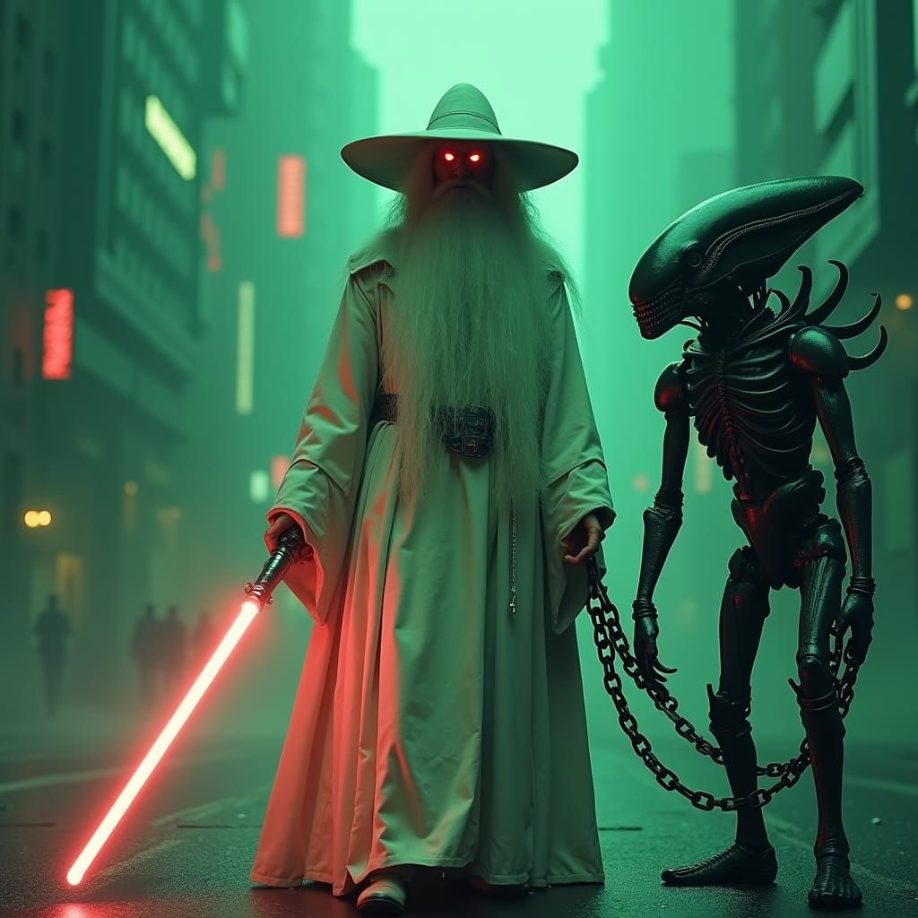 Gandalf terminator walking his alien in the matrix with a li...