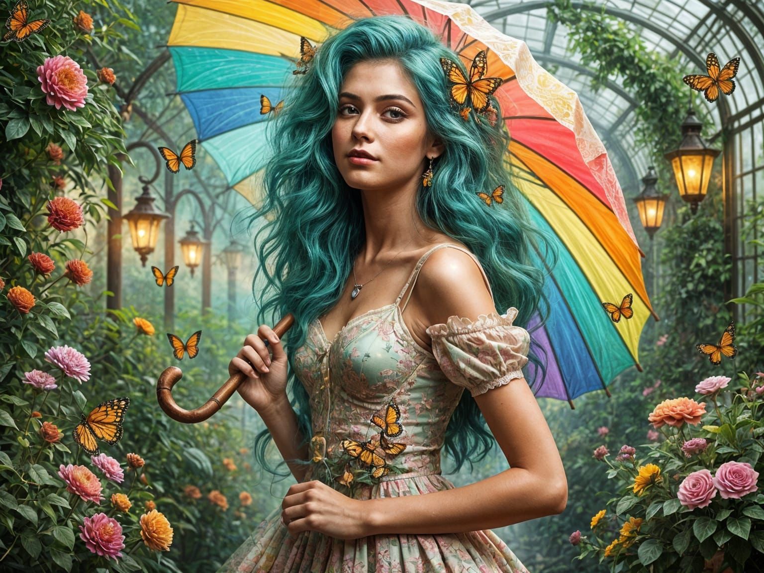 Woman With Turquoise Hair In Greenhouse With Butterflies