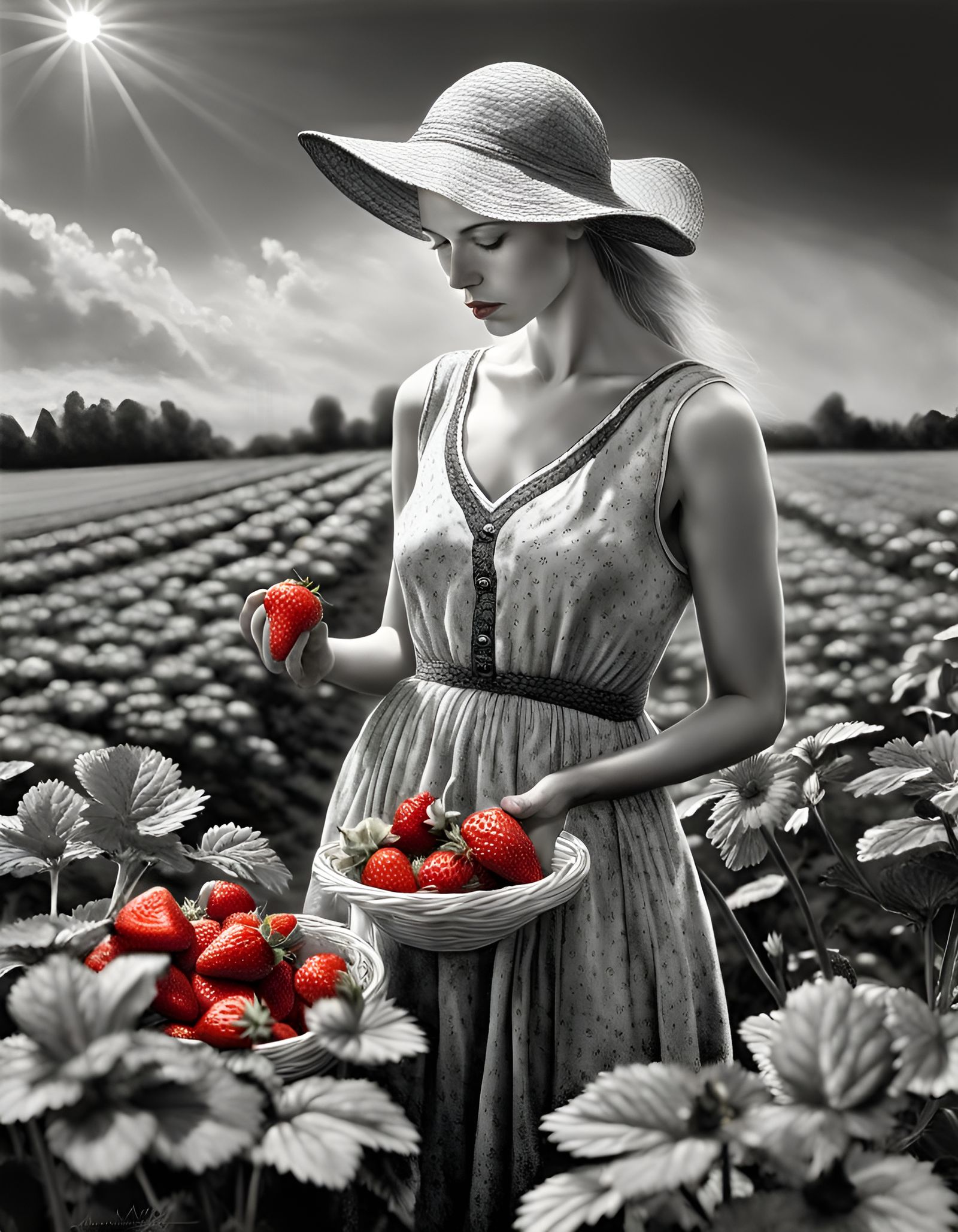 Monochrome Woman Picking a Red Strawberry