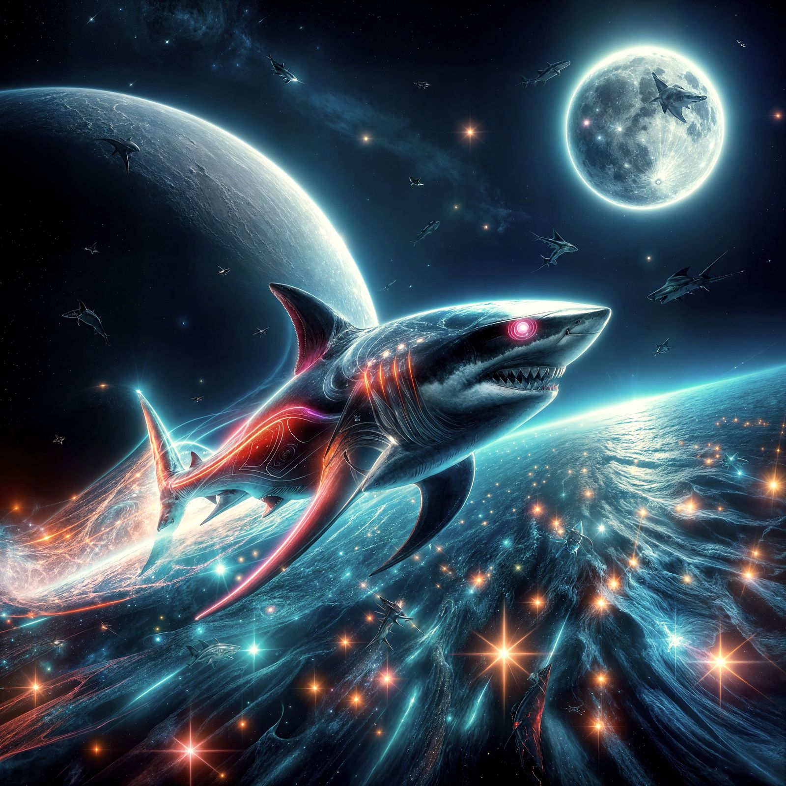 Shark Superhero Soars Through Space with Neon Glow