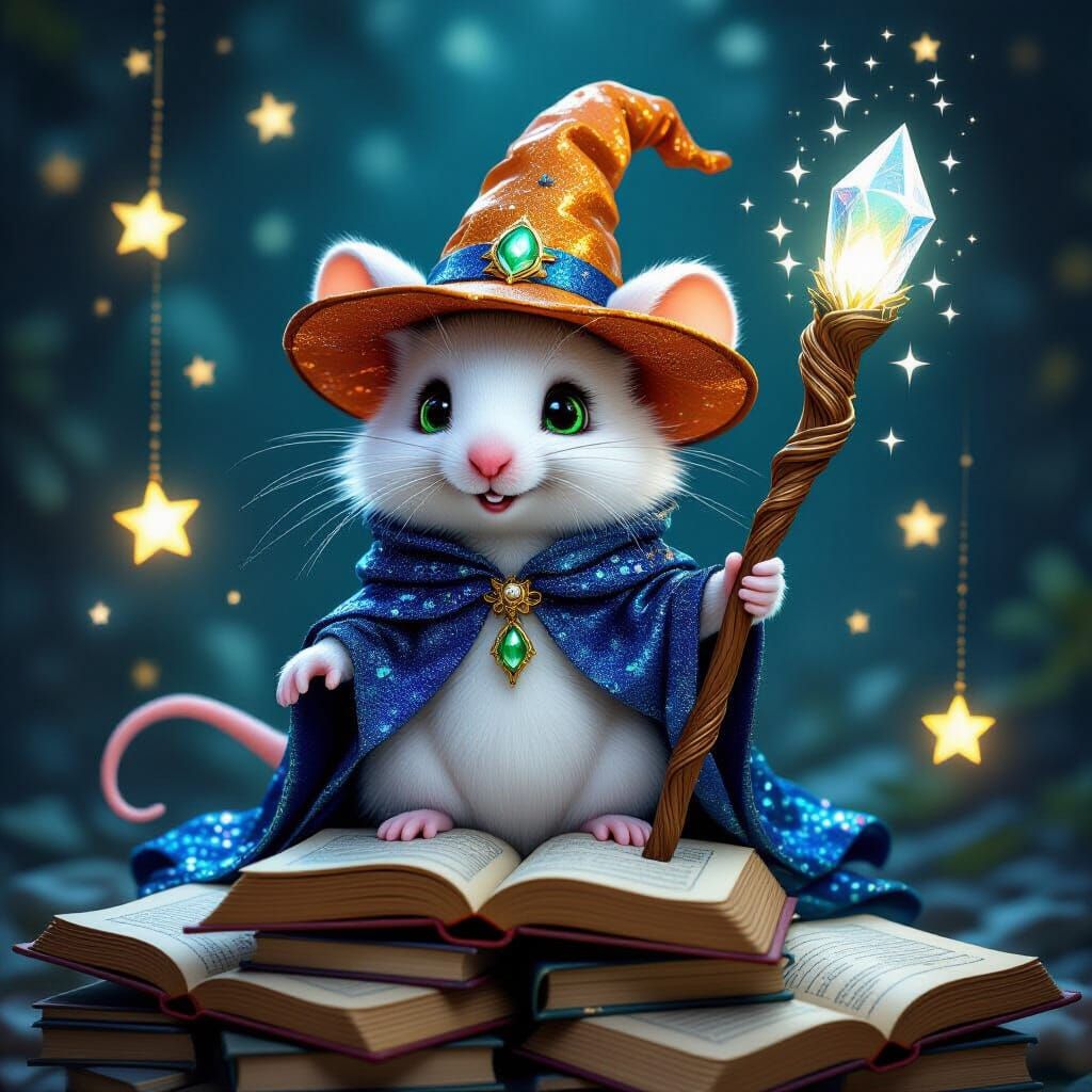 Mouse Wizard with Sparkling Eyes and Magic Staff