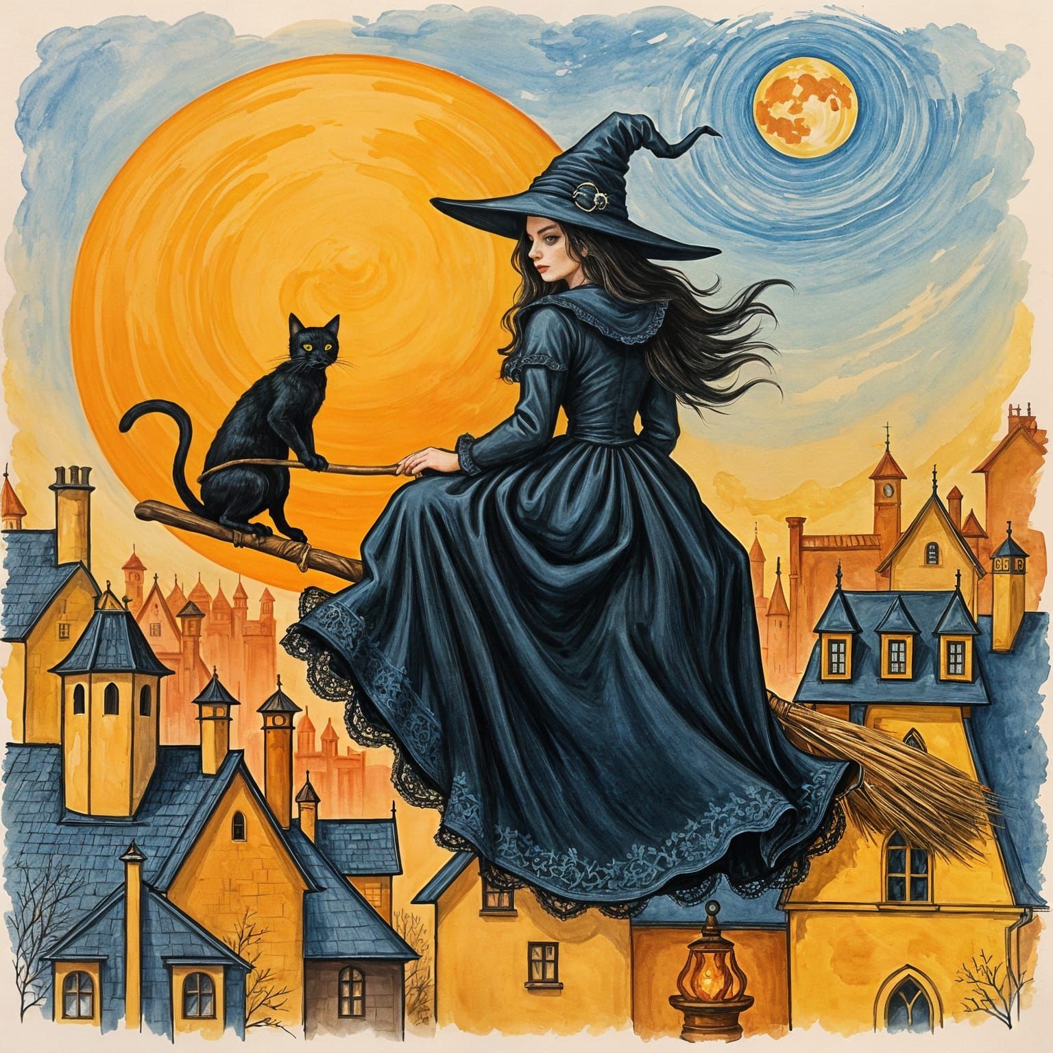 Victorian Witch Rides Broomstick at Sunset