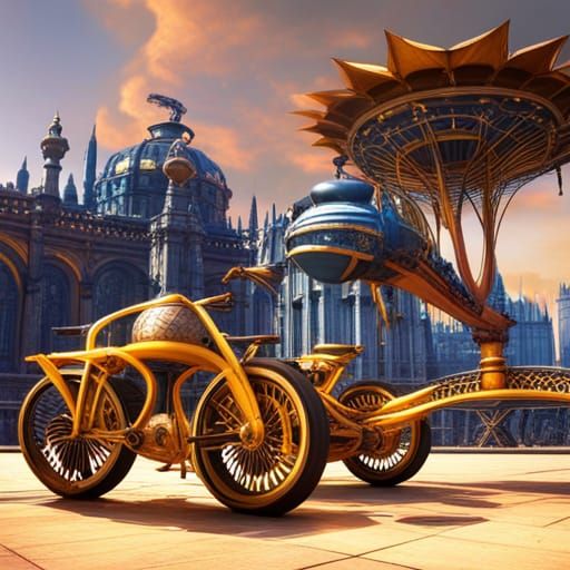 Steampunk Flying Bicycles Over Budapest in Ornate Style