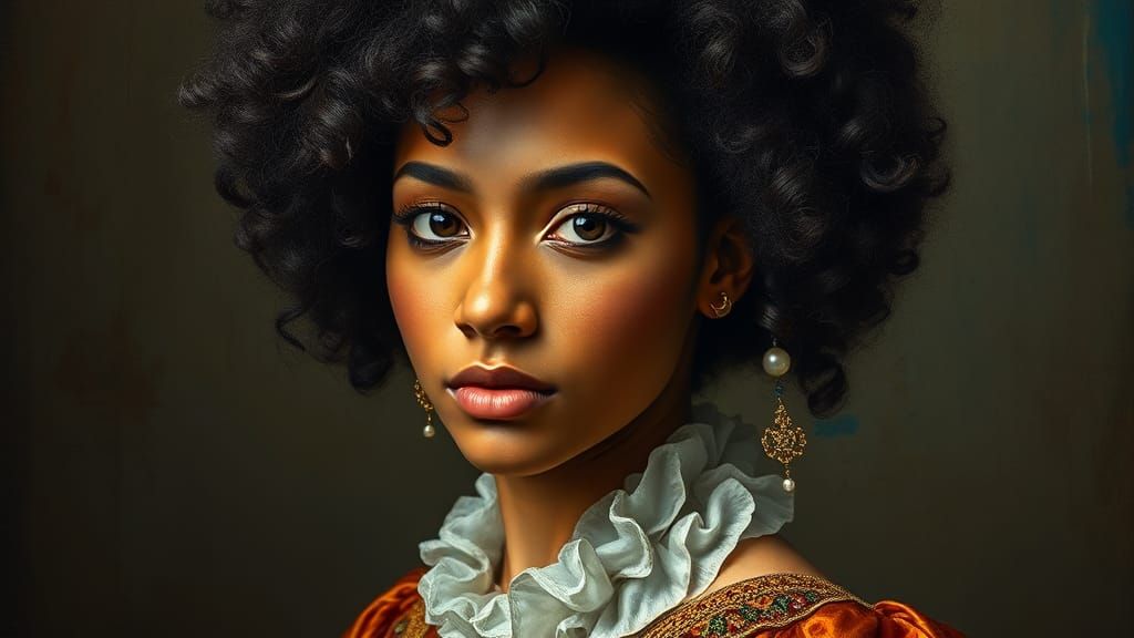 Renaissance Woman with Afro, Hyperrealistic Splash Art